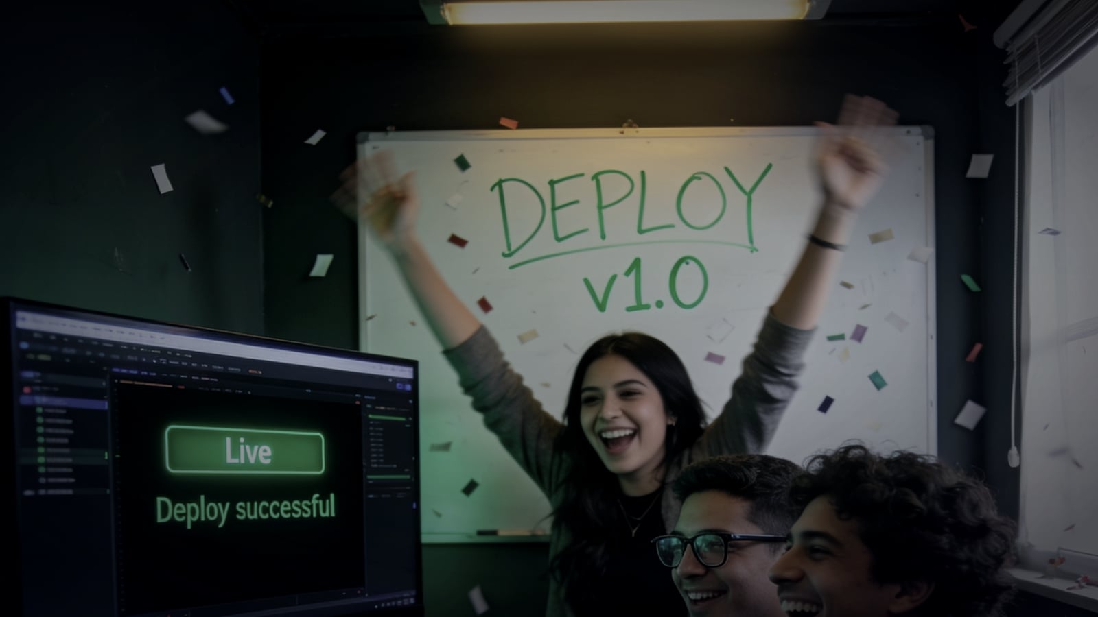 Equipo SITECH celebrando el deploy v1.0 de un proyecto